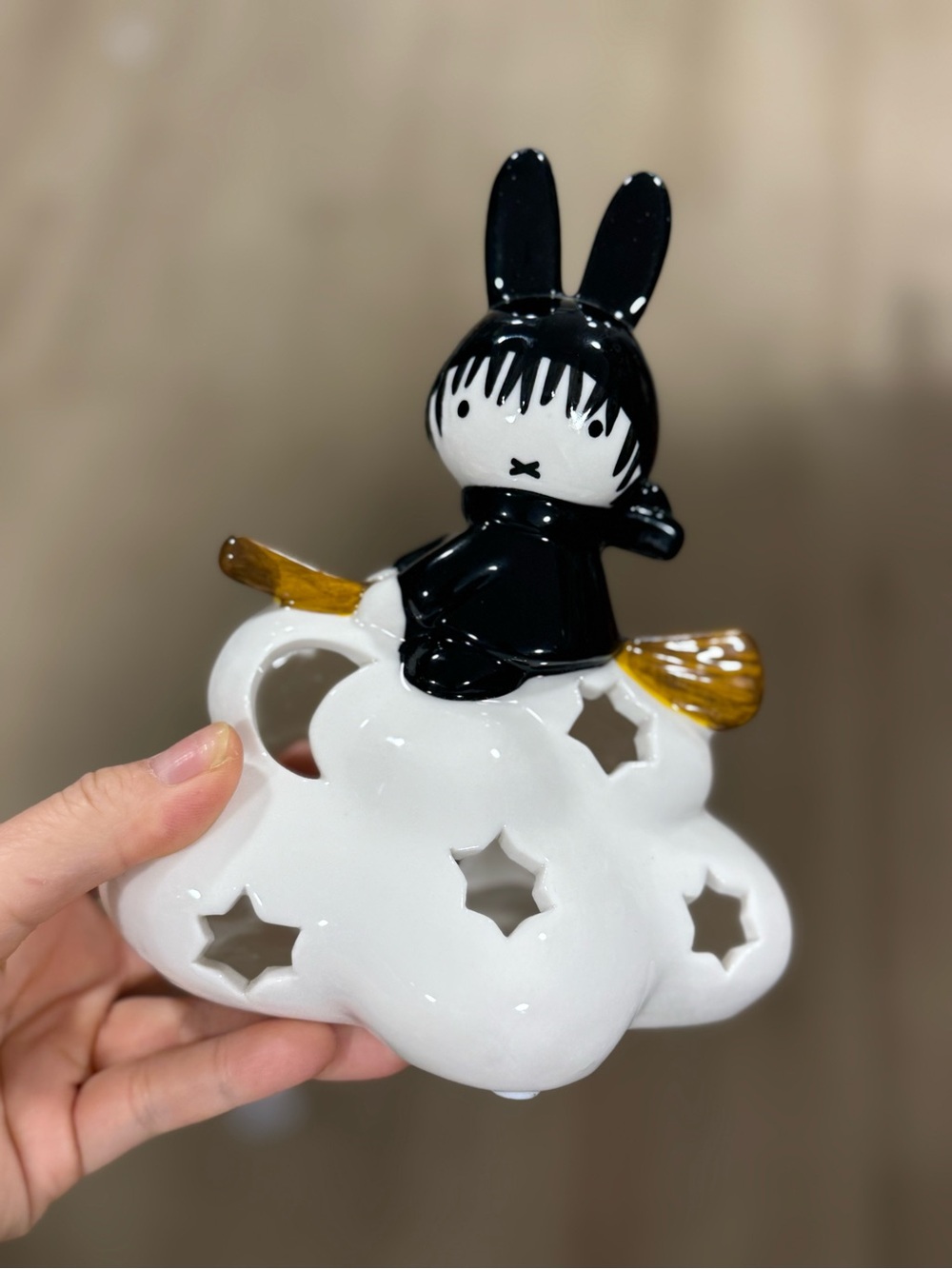 Blue Sky Black & White Bunny on Cloud Figurine with Gold Accents